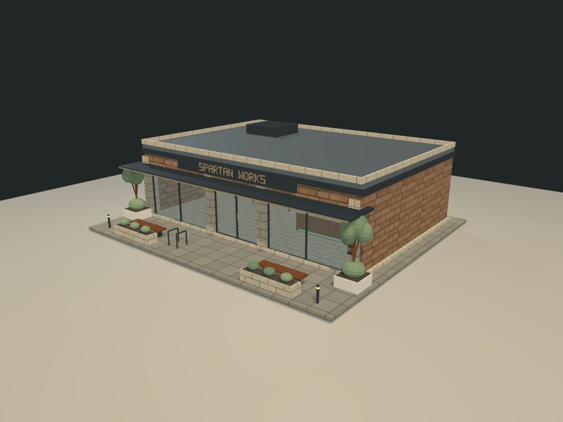 A glass-fronted studio and storefront with a reception counter, shared worktables, display wall and shaded sidewalk seating.