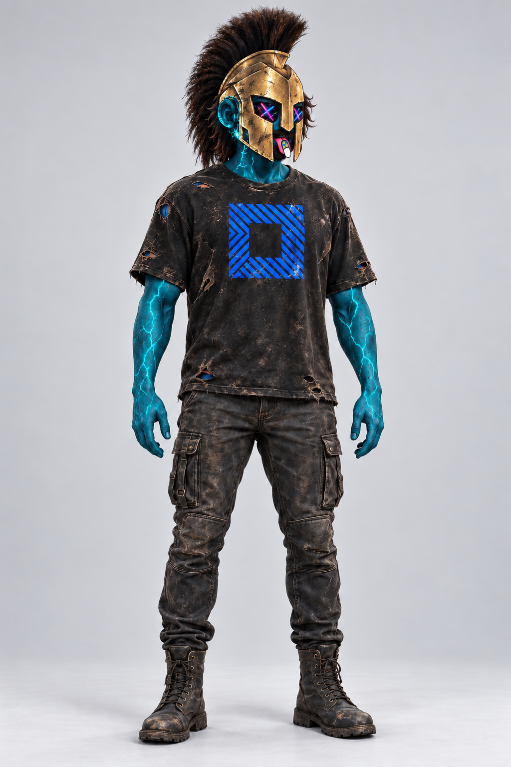 Spartan Looper with the original gold helmet, teal skin and blue shirt emblem